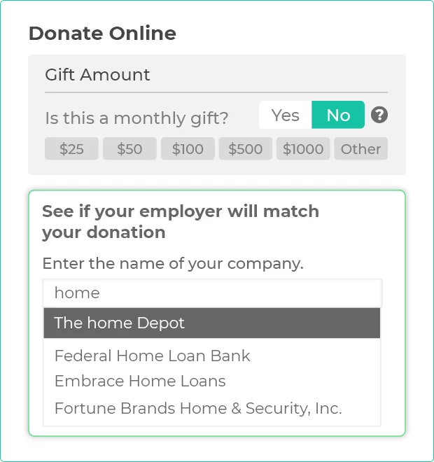 Market matching gifts during the donation process.