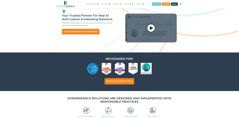 The website for DonorSearch, the top Blackbaud integration for donor prospecting.
