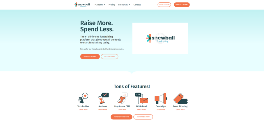 The website for Snowball Fundraising, a top Blackbaud integration.