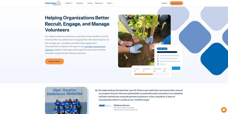 The website for VolunteerHub, the top Blackbaud integration for volunteer management.