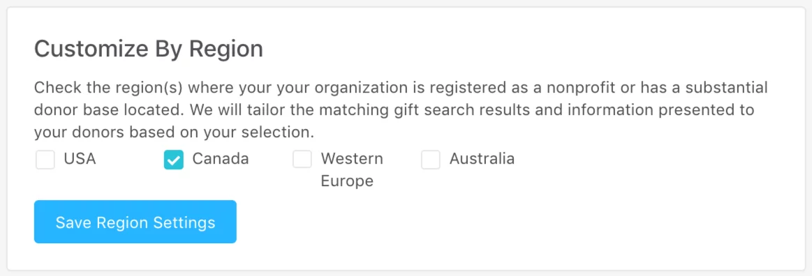 Set your matching gift database to feature Canada matching gifts.