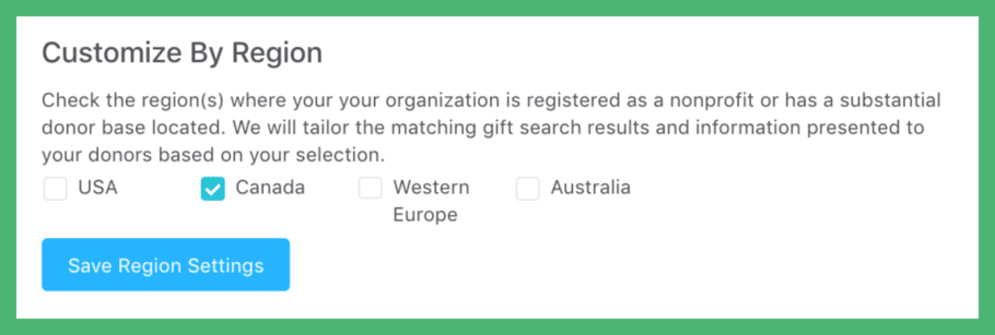 This screenshot indicates that you can set your matching gift database to feature Canada matching gifts.