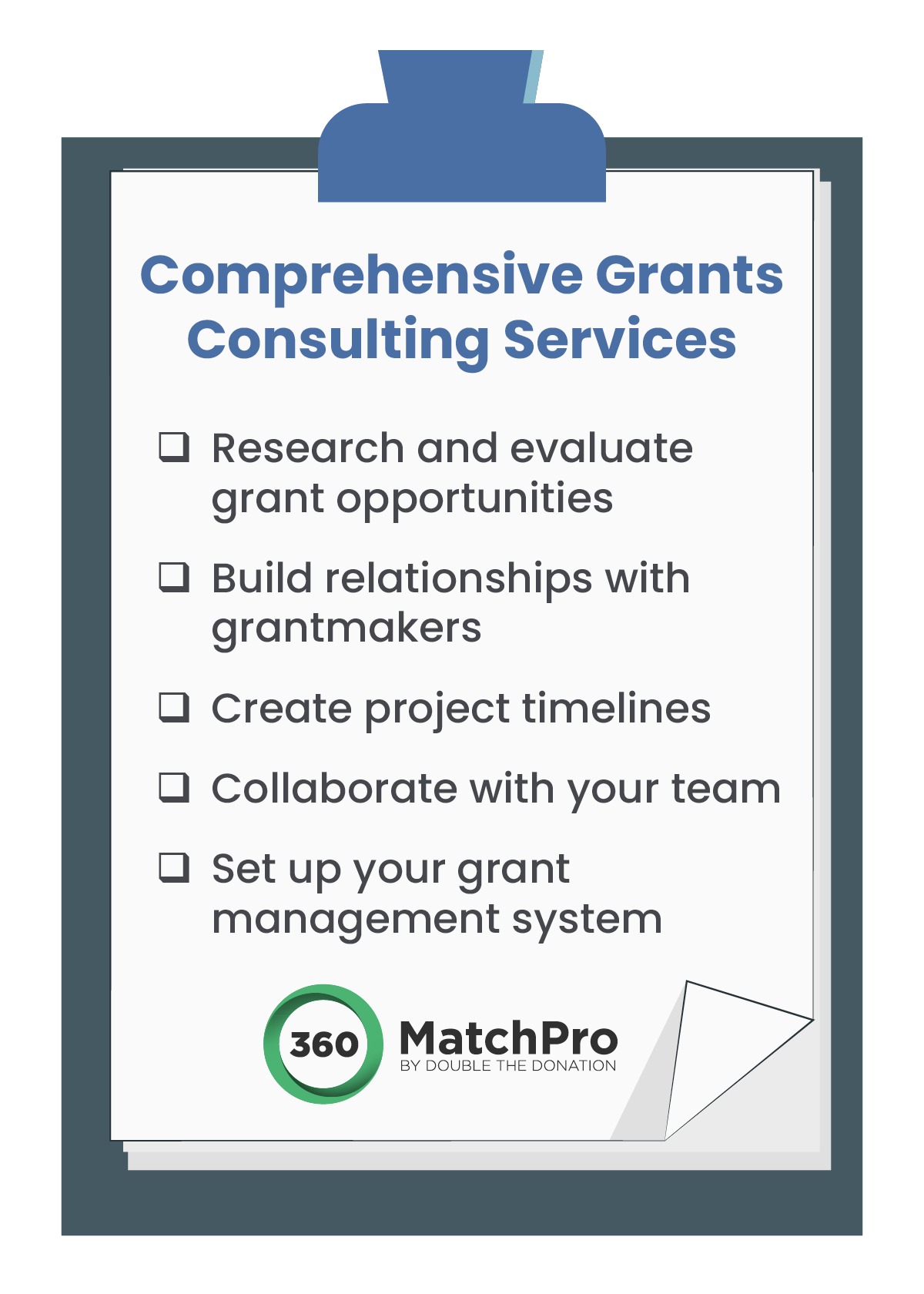 A checklist of comprehensive services to look for when hiring a grants consultant.