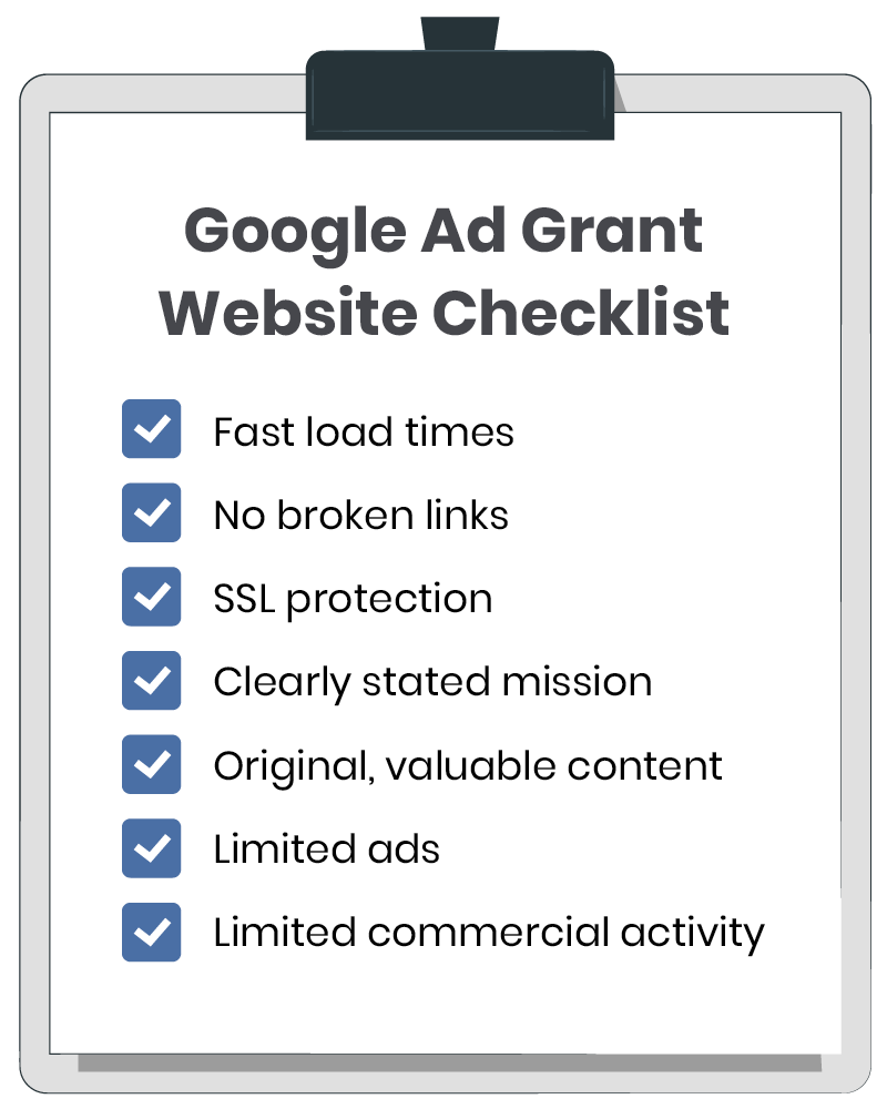 A checklist for nonprofits to follow when updating their websites for the Google Ad Grant. The steps are written out below.