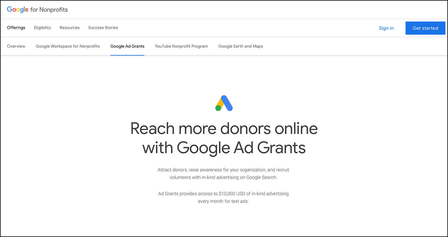 This is a screenshot of Google’s Ad Grants page, where you can go to get started with this free nonprofit advertising tool.