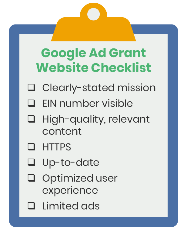 This image and the text below list steps you can take to make sure your website meets Google Grants eligibility requirements. 