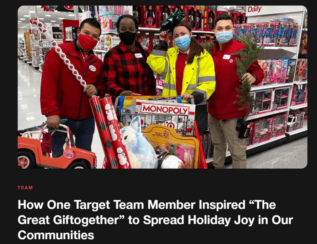 This press release screenshot features the Target team donating holiday gifts and provides a corporate sponsorship example to inspire your nonprofit.