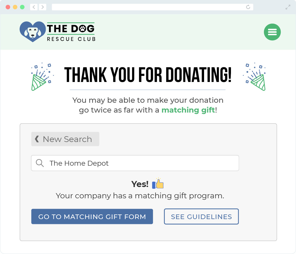 This image shows how you can market matching gifts on your confirmation page. 
