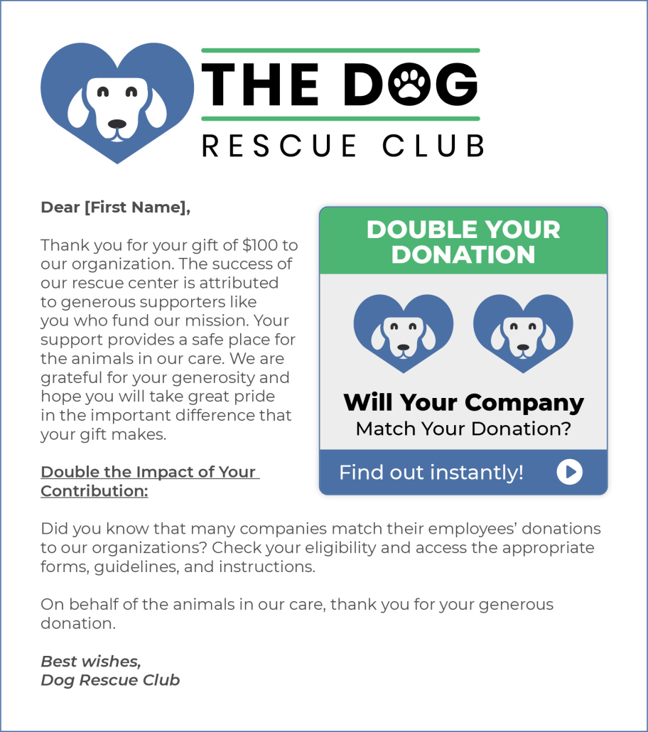 An example of a donation acknowledgement matching gift letter that nonprofits can send to spread awareness to donors.