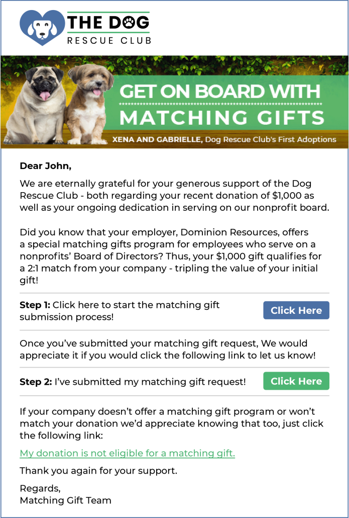 An example of a matching gift letter that nonprofits can send to their board members.