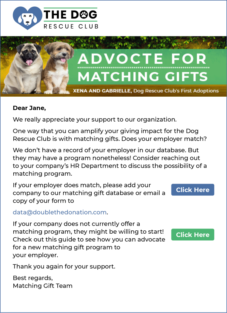 An example of a matching gift letter that nonprofits can send to donors who do not appear to be eligible for a matching gift program.