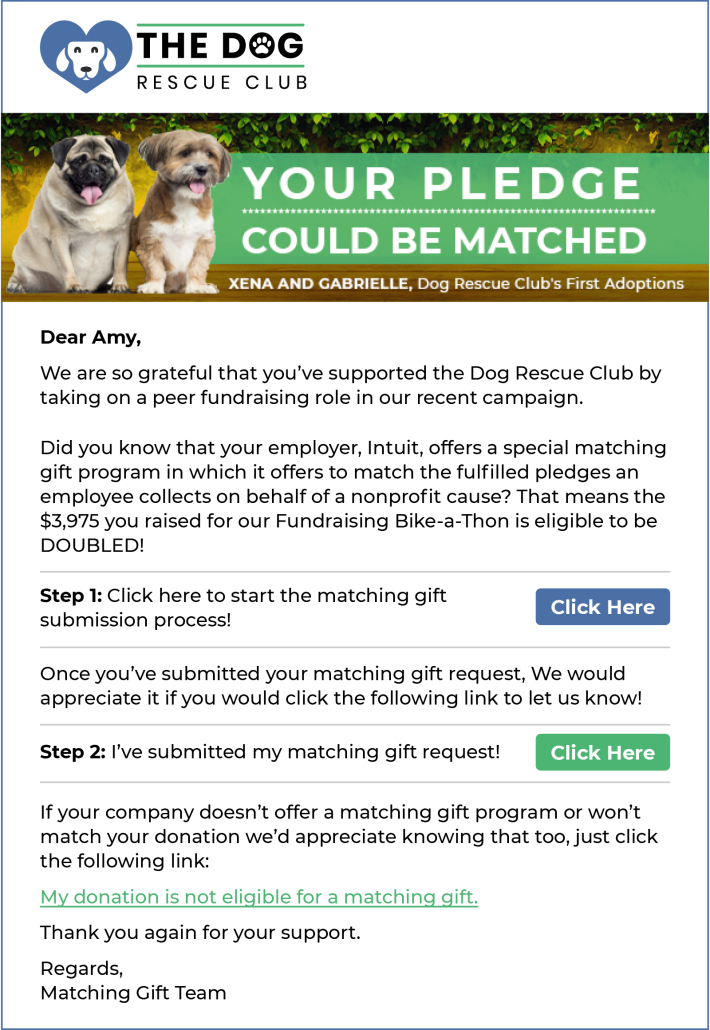 An example of a matching gift letter that nonprofits can send to recent peer-to-peer fundraisers.