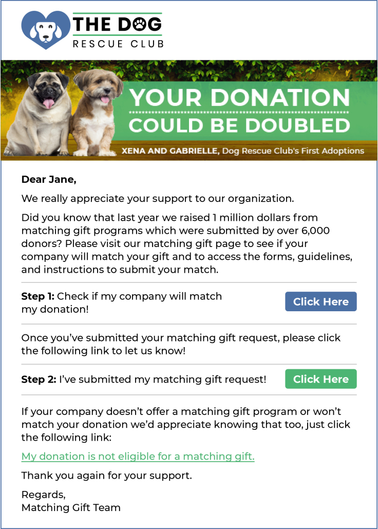 An example of a matching gift letter that nonprofits can send to donors with unclear eligibility for a matching gift program.