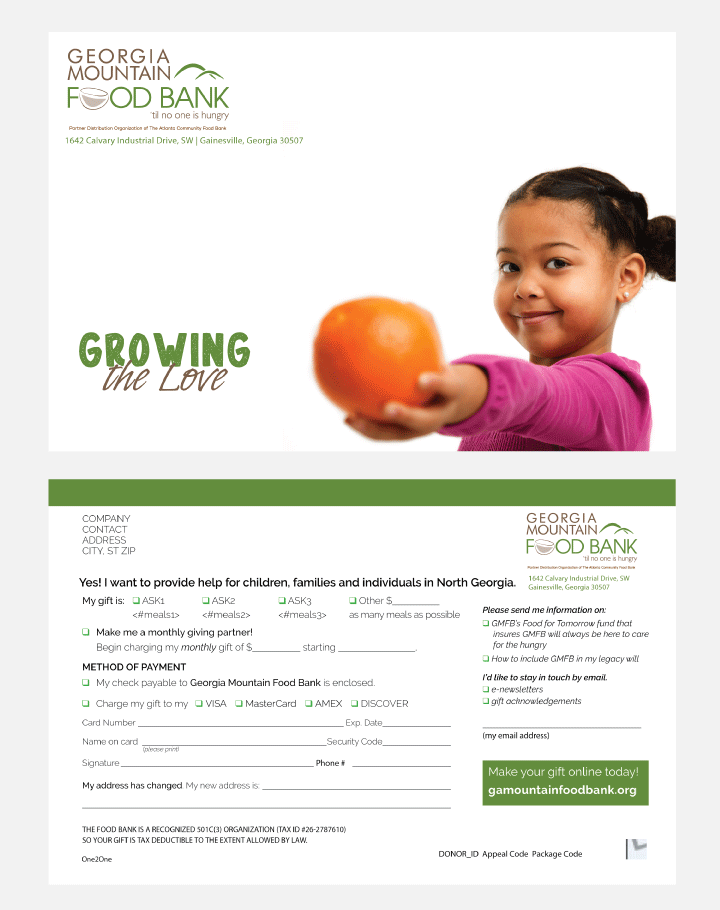 A fundraising postcard that encourages donors to mail in their contributions or visit the Georgia Mountain Food Bank’s website to donate.