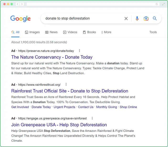 This is a Google Search Ad that encourage donors to give to different environmental conservation organizations, showing how it can enhance your multi-channel donor outreach.