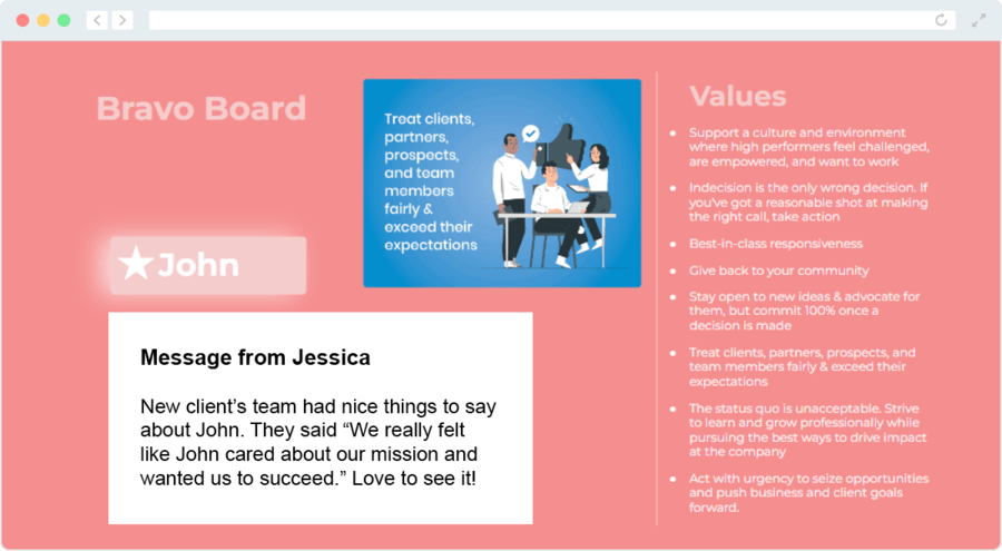 A screenshot of our company's virtual Bravo Board, which serves as a hybrid and remote employee recognition strategy
