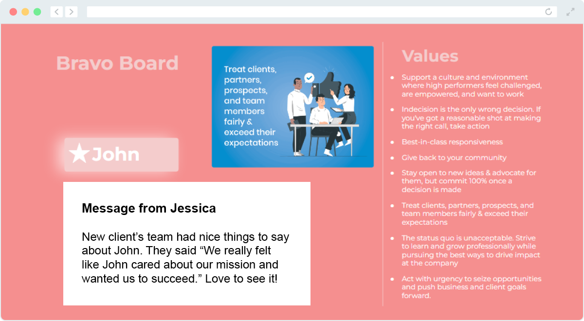 Double the Donation's Bravo Board, which features an eCard recognizing an employee and our company's values.