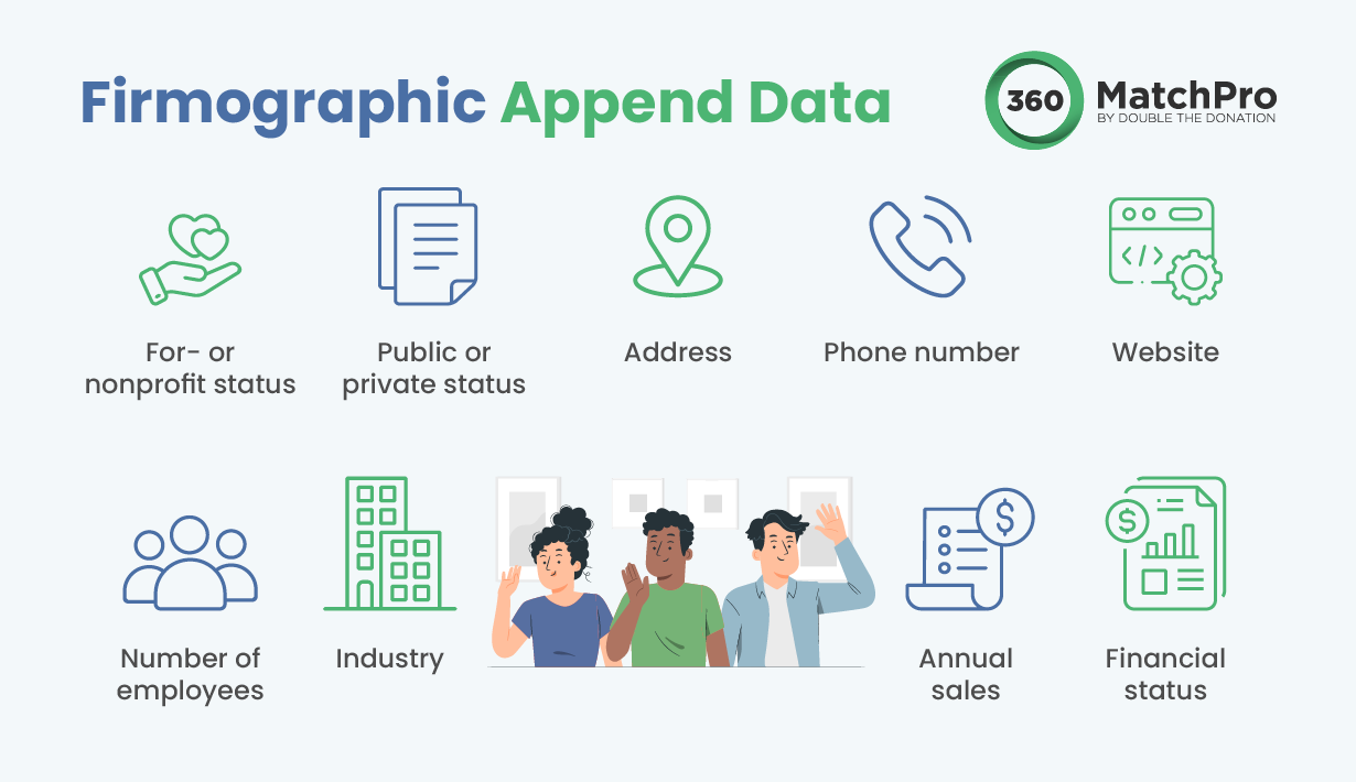 The types of information that might be collected through a firmographic append, detailed below.