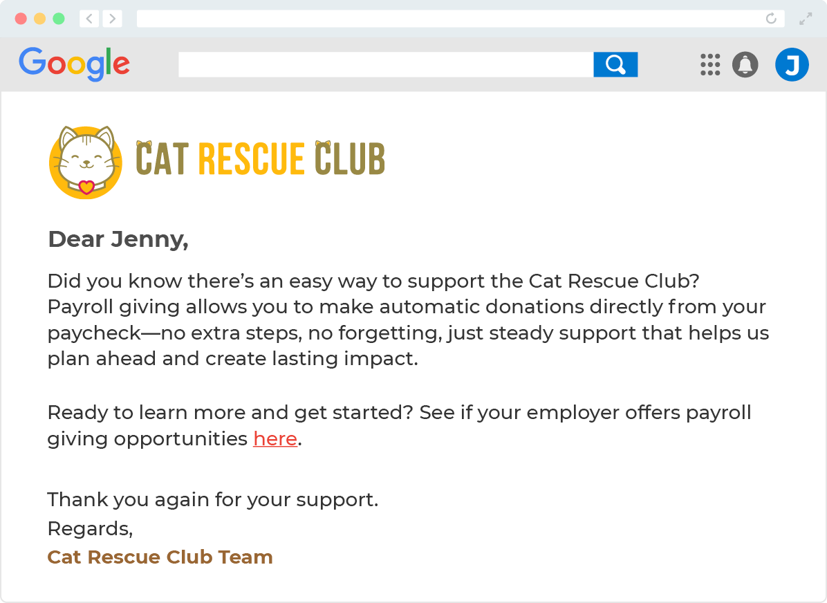 Sample email to increase payroll giving donations at your nonprofit