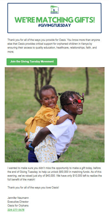 Oasis for Orphans offers successful matching challenge examples.