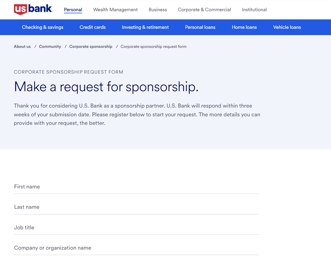 US Bank accepts corporate sponsorship requests online.