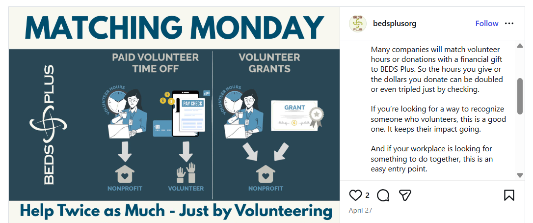 How BEDS Plus is recruiting corporate volunteers by highlighting volunteer grants and VTO